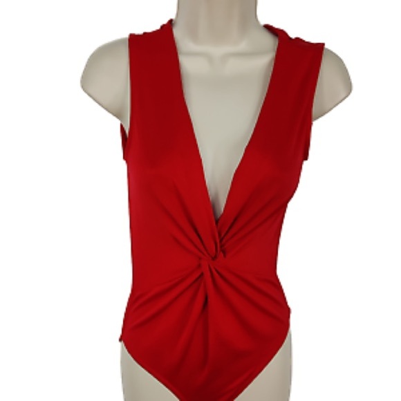 Miss Selfridge Red V Neck twist front Bodysuit - Picture 1 of 5